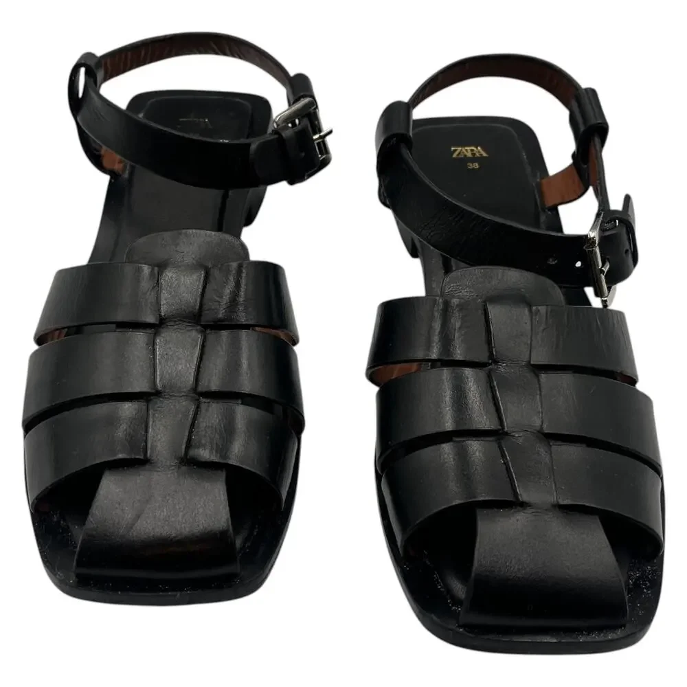 Zara Square Toe Leather Cage Fisherman Flat Sandals Black EU 38 US 7.5 - Picture 2 of 8